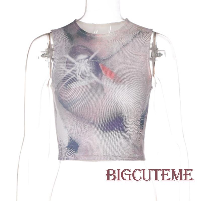 [] Áo Croptop Không Tay Ôm Dáng In Họa Tiết Mùa Hè Cho Nữ