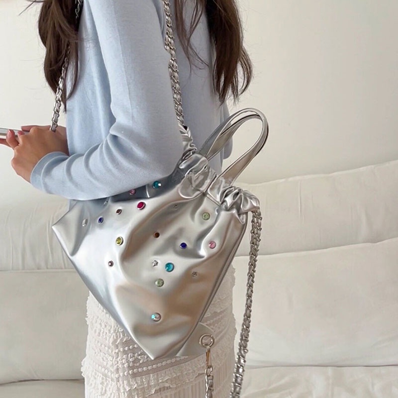 CHIC JOY Ba Lô Dây Rút Đính Đá Nhiều Màu Sắc Phong Cách Hàn Quốc Cho Nữ Sinh