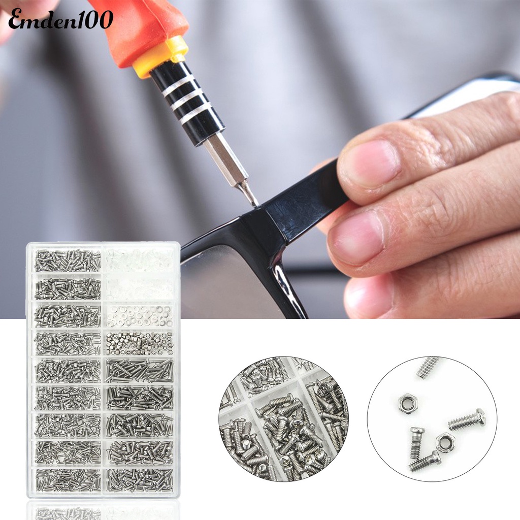 Hộp 1000 Ốc Vít 18 Loại Khác Nhau Bằng Thép Không Gỉ Dùng Để Sửa Chữa Mắt Kính