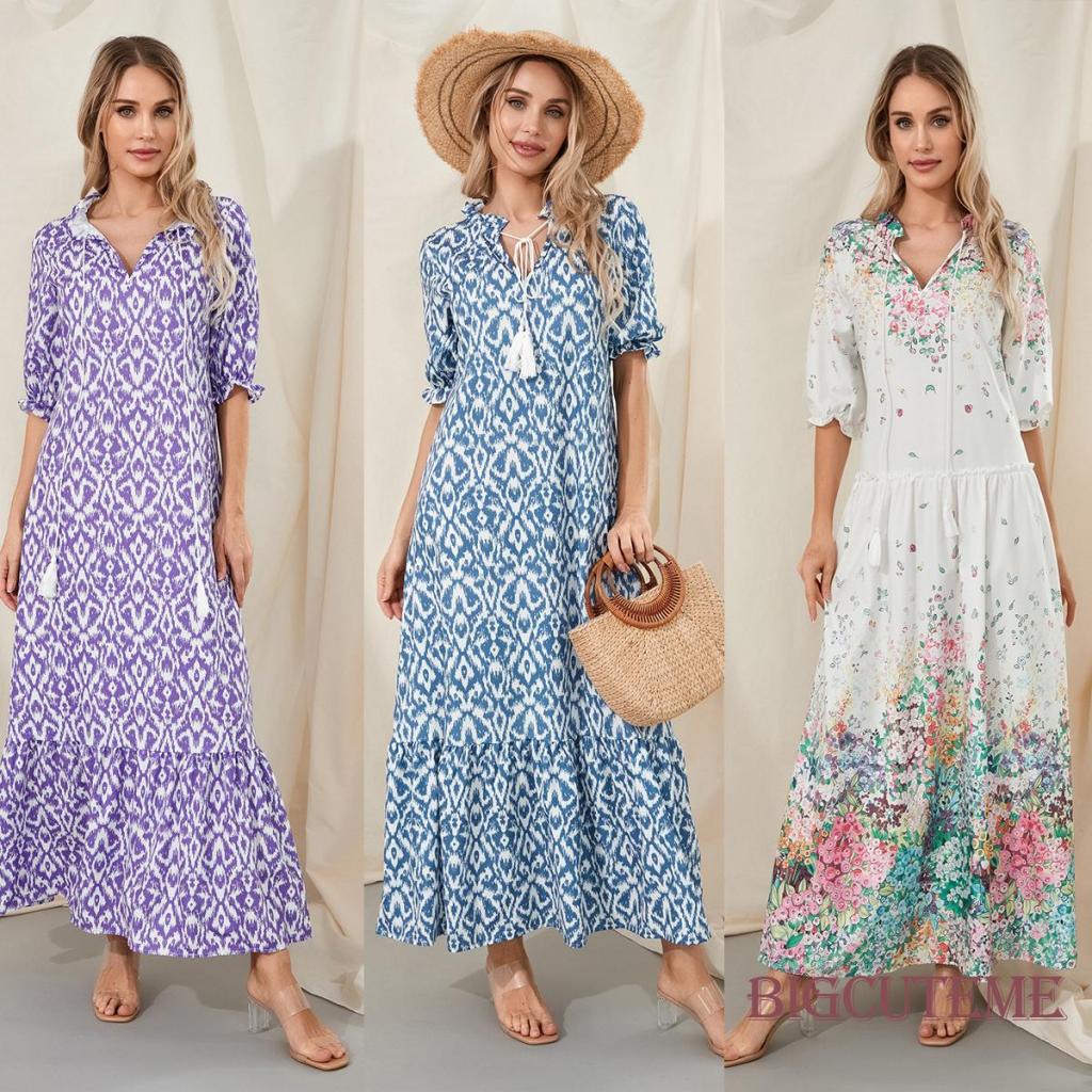 Đầm Dài Dáng Rộng Tay Ngắn Cổ Chữ V In Họa Tiết Hoa / Đồ Họa Thời Trang Mùa Hè Xinh Xắn Cho Nữ
