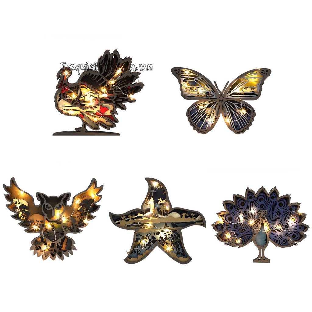 Đèn Trang Trí Để Bàn Bằng Gỗ Rỗng Khắc Hình Động Vật 3D Phát Sáng