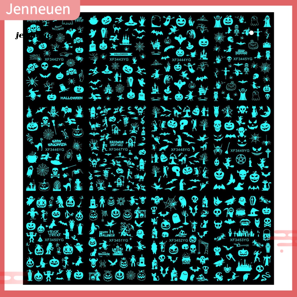 Set 12 Nhãn Dán Móng Tay Dạ Quang Tự Dính Họa Tiết Halloween Tinh Tế