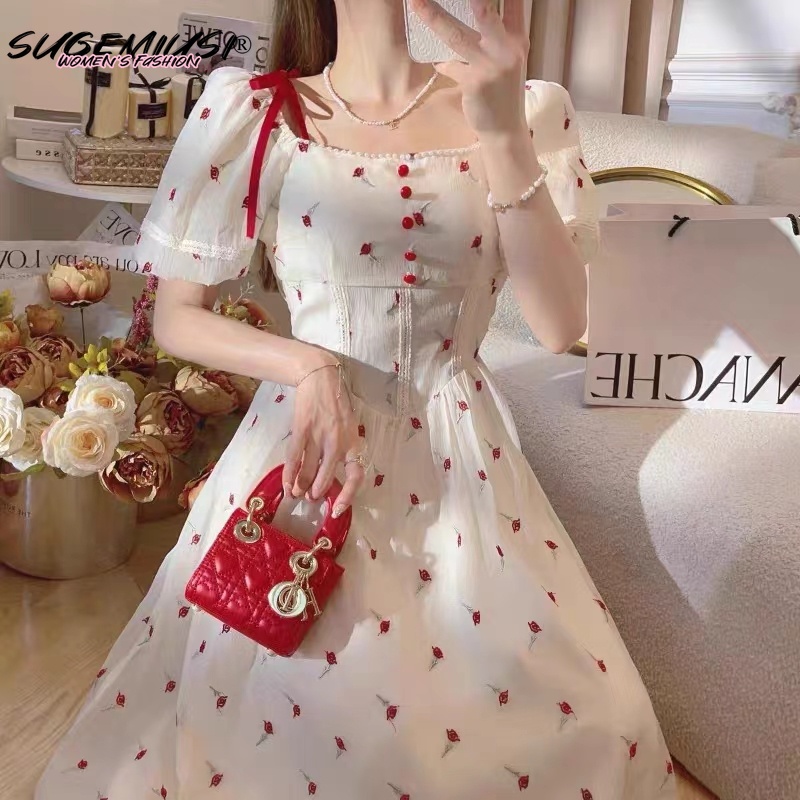 Sugemiusi Đầm Công Chúa Dáng Dài Ôm Eo Họa Tiết Hoa Thời Trang Mùa Hè Pháp