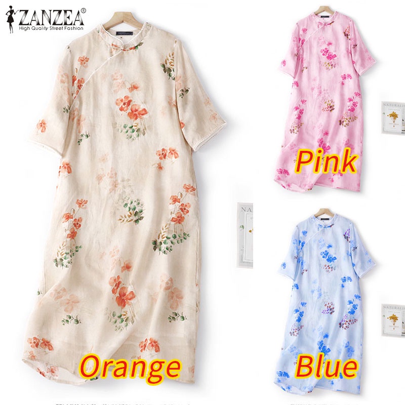 Zanzea Đầm Sườn Xám Tay Lửng Cổ Đứng In Họa Tiết Thời Trang Cho Nữ
