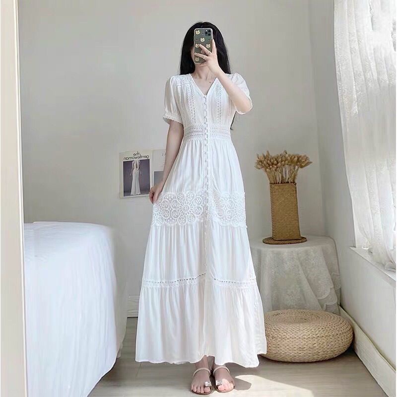 Đầm Trắng Dài Ngang Mắt Cá Chân Eo Cao Tay Dài cotton7.19