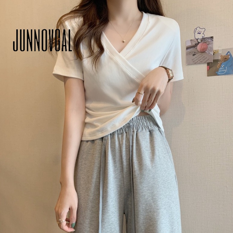 Áo thun JUNNOVGAL đắp chéo tà thời trang gợi cảm đa năng 2023 cho nữ