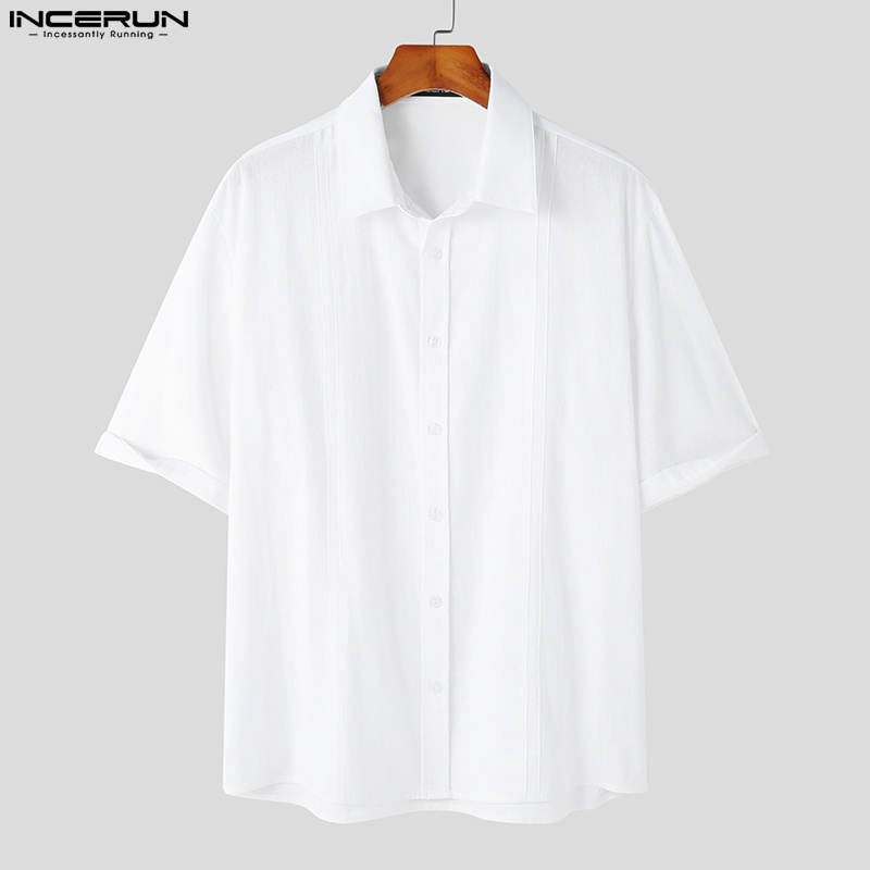 INCERUN Áo Sơ Mi Cotton Lanh Ngắn Tay Màu Sắc Đơn Giản Thời Trang Hàn Quốc Cho Nam