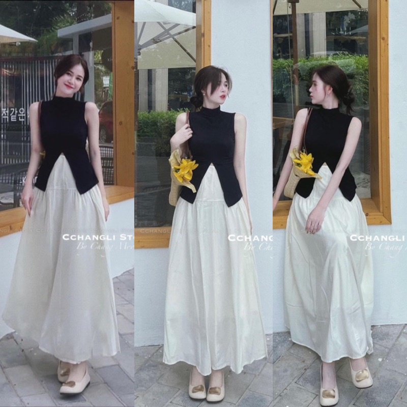 Set Áo Zip Đen Xẻ Mix Chân Váy Đũi Sần Dáng Dài Hàng 2 Lớp Dày Dặn Có Ảnh Thật