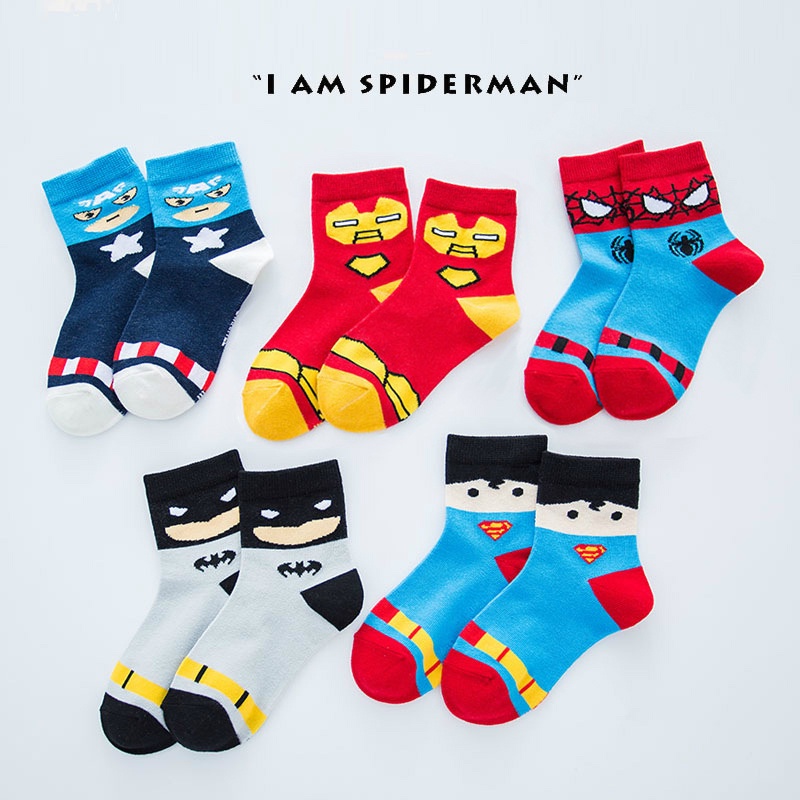 Vớ Cotton Dày Thoáng Khí Giữ Ấm Mùa Đông In Họa Tiết Hoạt Hình Marvel Iron Man Superman Batman