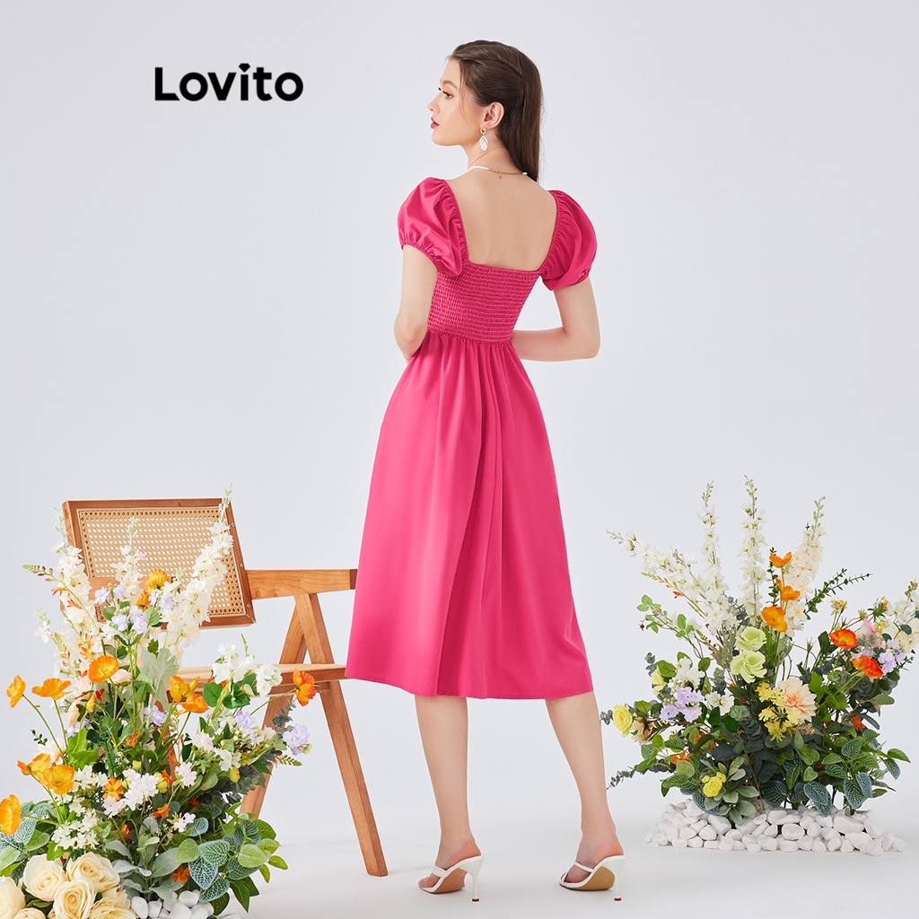 Đầm dạ hội Lovito phong cách Boho màu trơn xếp nếp tay phồng dành cho nữ L54ED091 (Hot hồng)