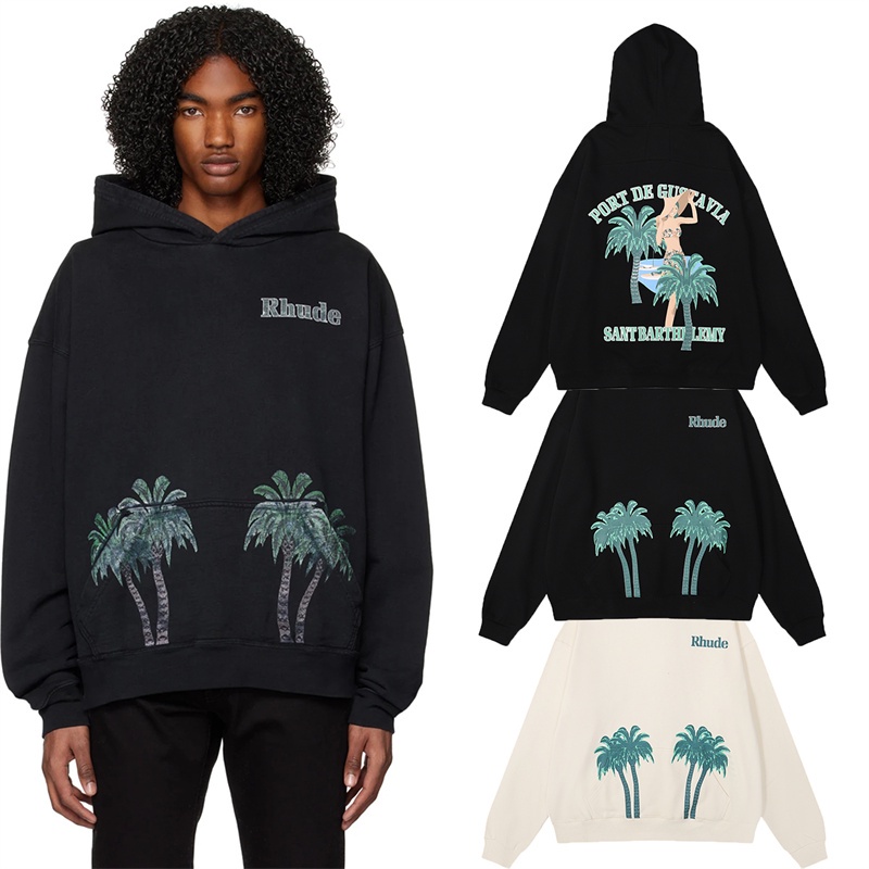Xu hướng cổ điển rhude cặp đôi thời trang bông terry hoodies dừa bãi biển vẻ đẹp in thường dài tay áo chui đầu có mũ trùm đầu cộng với kích thước unisex