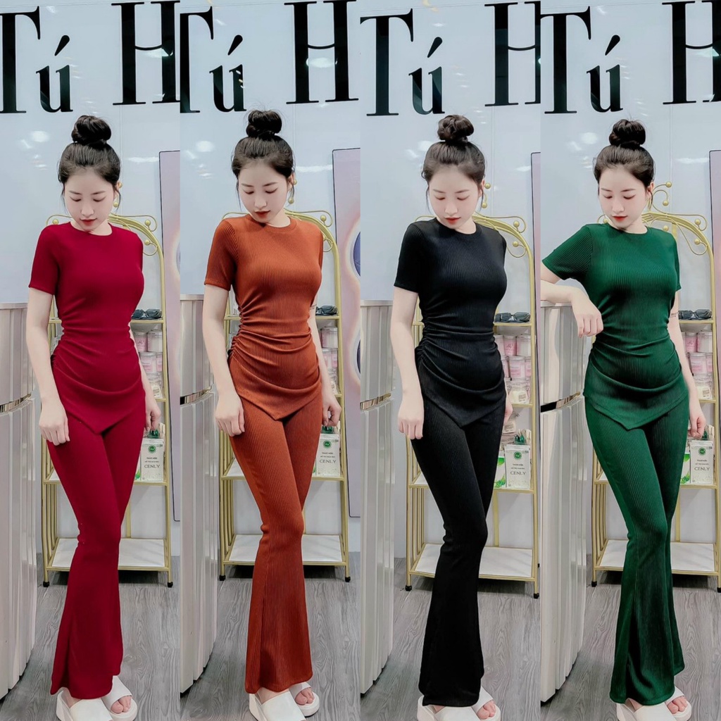Set Đồ Bộ Thun Gân Áo Thun Tay Ngắn Kiểu Nhúng Eo Quần Ống Loa Siêu Cưng Hot Đi Chơi Cực Xinh DB00780121