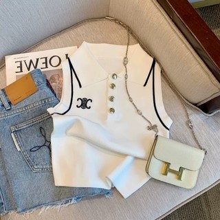 Milyfashion Áo Thun polo Không Tay Dệt Lụa Lạnh Ôm Dáng Thêu Họa Tiết Đơn Giản Phong Cách Pháp Thời Trang Mùa Hè Cho Nữ