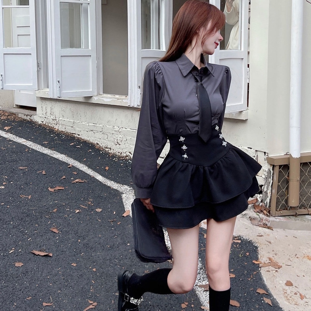 𝒀𝒂𝒏𝒚𝒂𝒏 Set Áo Sơ Mi 2 Màu Trắng Xám Mix Chân Váy Trẻ Trung Xinh Xắn Dành Cho Nữ Xinh [Hàng oder]