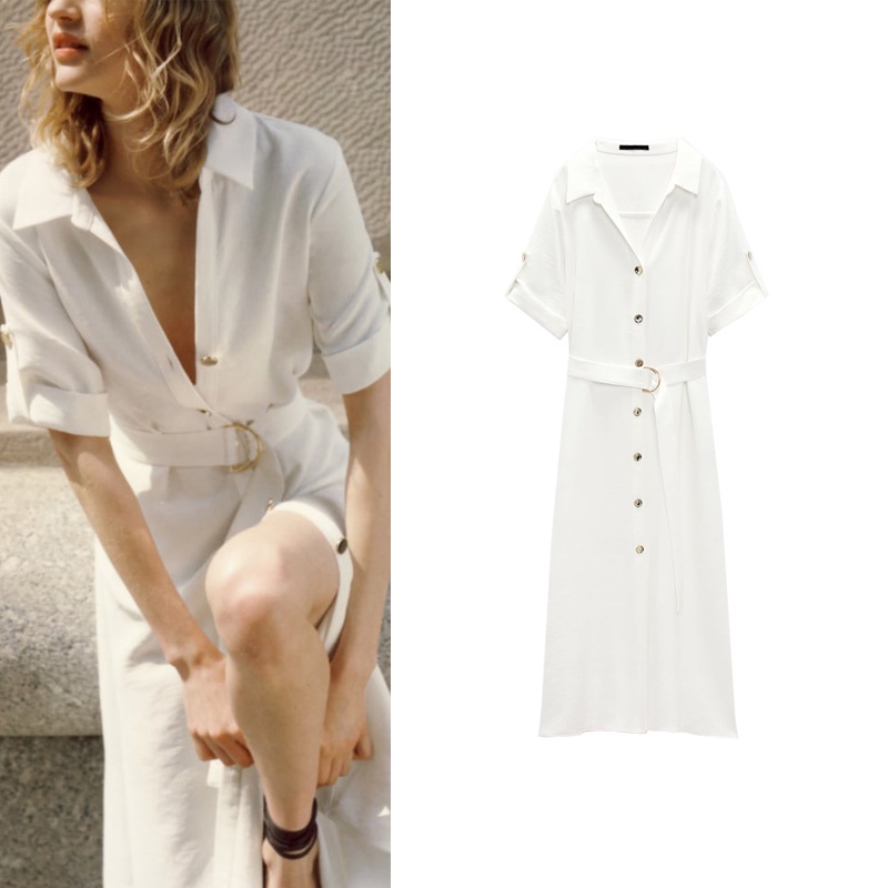 Zara Đầm Trắng Tay Ngắn Phối Thắt Lưng Thời Trang Mùa Hè Cho Nữ 3471522
