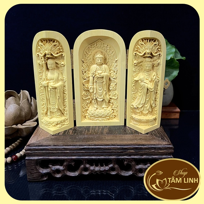Bộ Hộp gỗ hoàng dương 3 tượng phật như lai bồ tát địa tạng trang trí phong thủy Mandala Sala