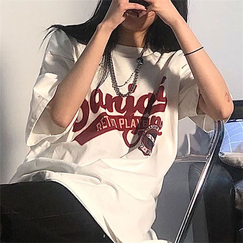 Kaisike  Phụ nữ mới phong cách hồng kông t-shirt ngắn tay thời trang in chữ hàng đầu thường xuyên t-shirt lỏng tay ngắn