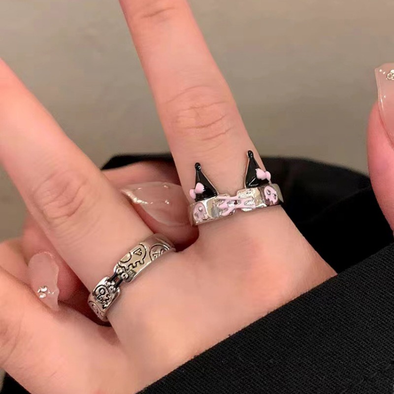 Cartoon Imp Ring Girls' New Cute Ring Skull Head Print Small Popular Design Personality Open Mouth Lovers' Best Friend Pair Ring