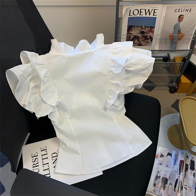 Pháp xù bay tay áo sơ mi phụ nữ không tay phong cách ngắn phong cách phương tây thẻ eo áo sơ mi nhỏ mỏng-vừa vặn mỏng hơn trông trắng hàng đầu mùa hè