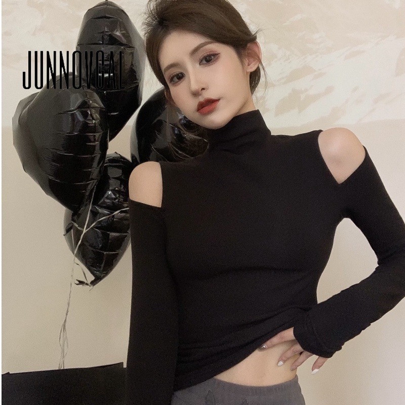 Áo thun nữ JUNNOVGAL tay dài hở vai cổ cao nửa thời trang mới 2023