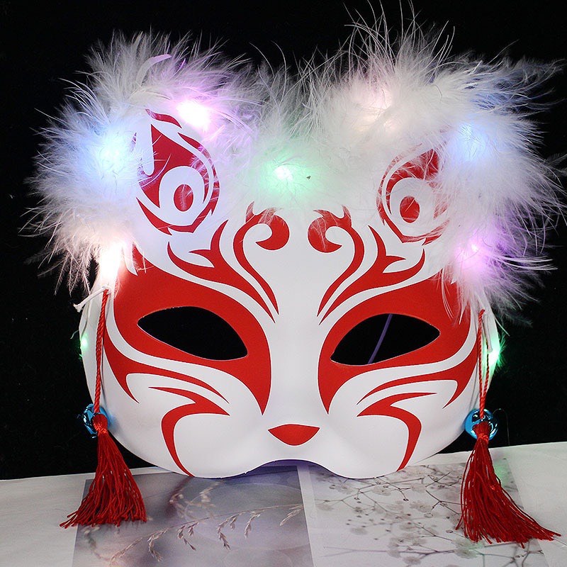 Mặt nạ mèo hóa trang Halloween phong cách Nhật Bản có đèn đẹp mặt nạ cáo nửa mặt