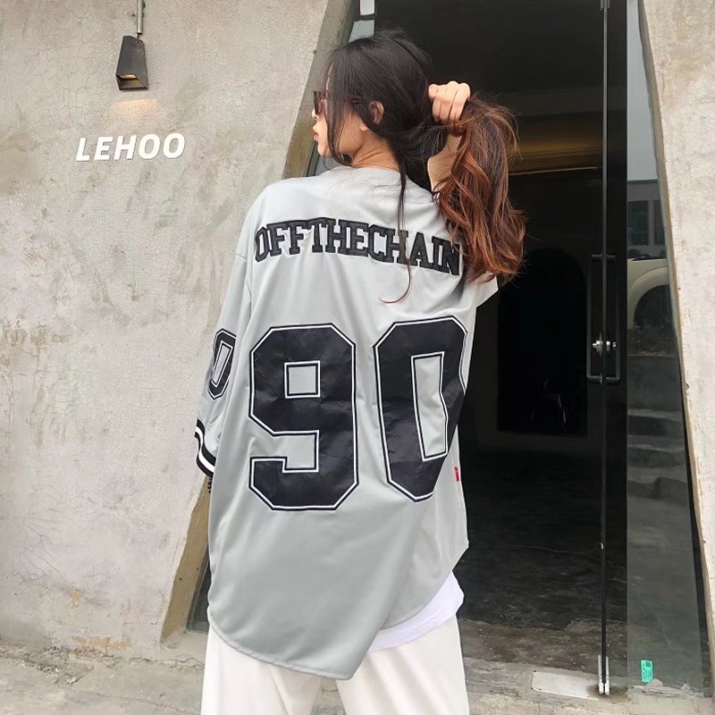 Sinransinya Áo Thun Bóng Chày Ngắn Tay Dáng Rộng In Số 90 Phong Cách retro Mỹ Cho Nam