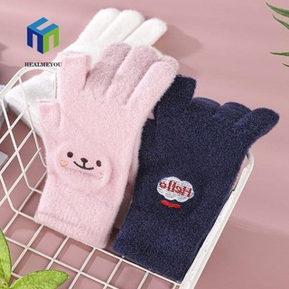 Găng tay len cashmere hở ngón giữ ấm họa tiết hoạt hình dễ thương thời trang mùa đông