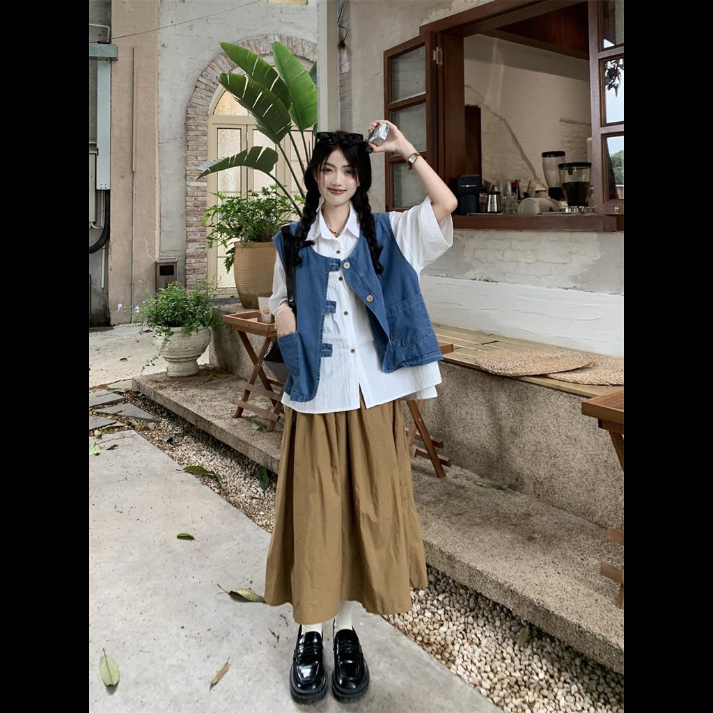 Set Chân váy jean Lưng Cao Và Áo Ba Lỗ Phong Cách hong kong Thời Trang Mới Cho Nữ