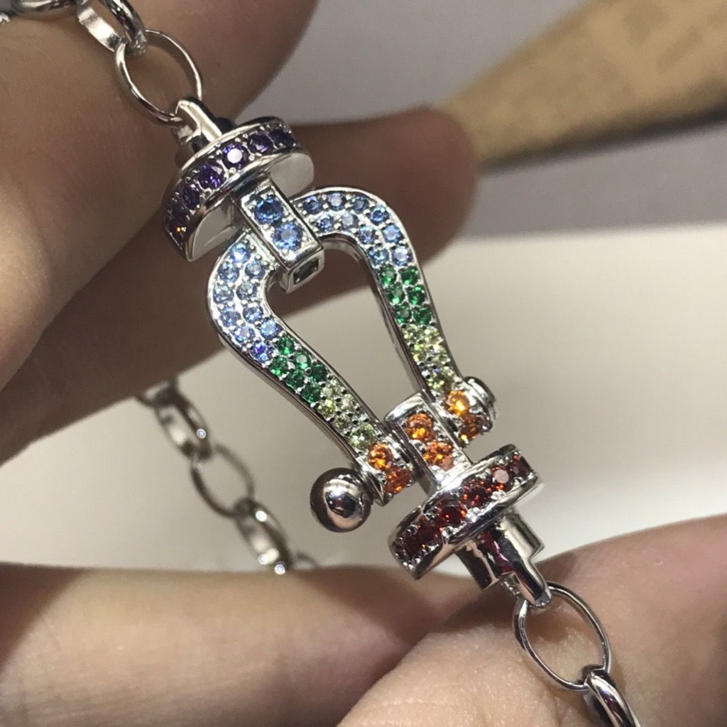 Fred Gypsophila Vòng Tay Dây Xích Dày Đính Kim Cương Toàn Diện Khóa Hình Móng Ngựa Phong Cách Li Jiaqi Làm Quà Sinh Nhật