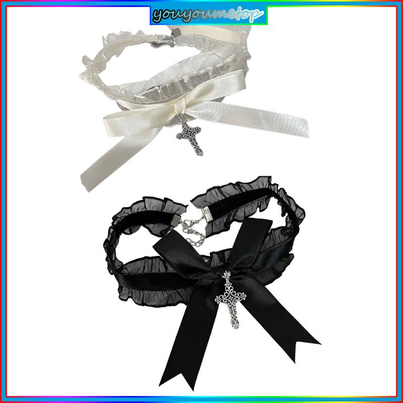 Youyo ren ruffle vòng cổ ruy băng bowknot gothic crosses mặt dây chuyền cổ áo choker áo khoác cổ cho phụ nữ cô gái trang sức phụ kiện