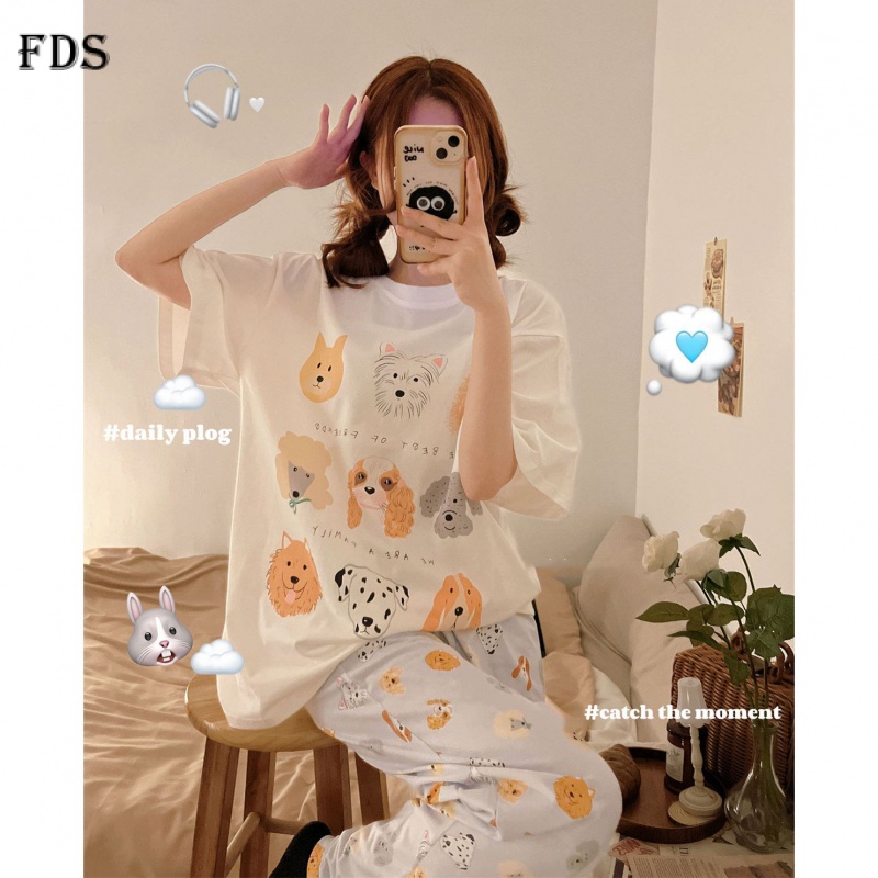 Bộ đồ ngủ FDS ngắn tay dáng rộng họa tiết chú chó dễ thương phong cách Hàn Quốc thời trang xuân hè dành cho nữ