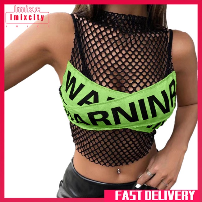 Áo lưới croptop IMIXCITY không tay in màu tương phản nhìn thấy phối rỗng phong cách sexy cho nữ