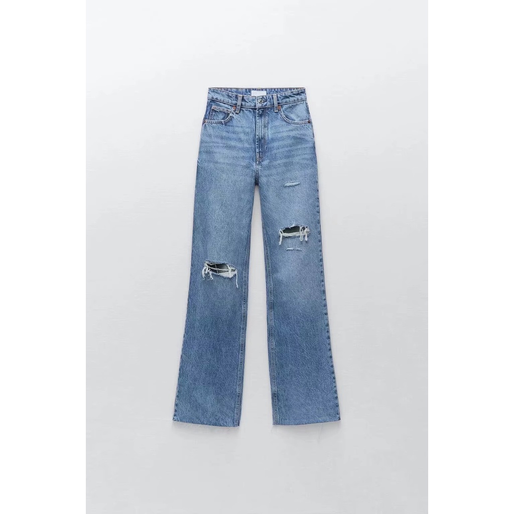 Zara mùa hè phong cách mới mảnh mai hơn nhìn thẳng lưng cao quần jean rách trang trí chân rộng06045227407