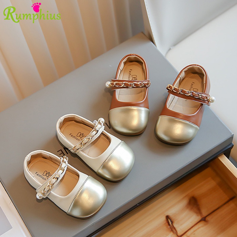 Giày búp bê RUMPHIUS da bóng phối màu ngọc trai thanh lịch đơn giản đế mềm chống trượt cho bé gái size 23-34