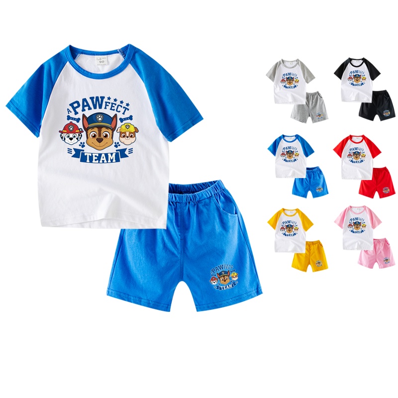 Ready stock 6 màu trẻ em paw patrol phim hoạt hình cotton ngắn tay áo phông và quần bộ kc007