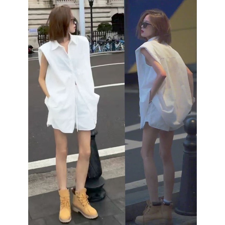 Áo Sơ Mi Trắng Không Tay Kèm Quần Short Ống Rộng Thời Trang Mùa Hè Phong Cách Hàn Quốc Hàng Mới Dành Cho Bạn Nữ