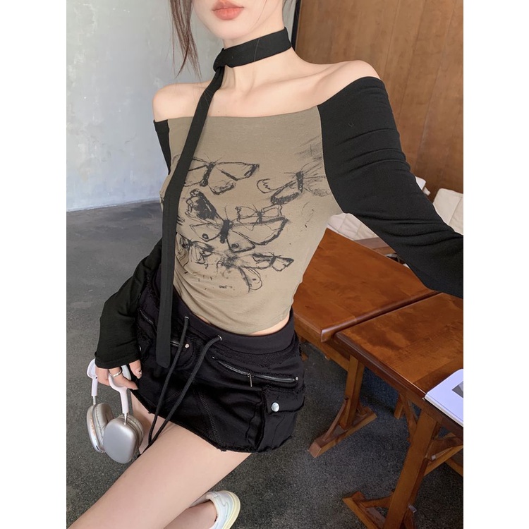 Áo thun COZOK dài tay họa tiết bướm phối màu tương phản thời trang gợi cảm dành cho nữ