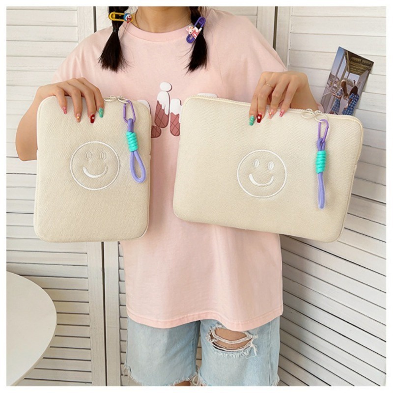 Mặt cười thời trang túi đựng máy tính xách tay cotton polyester màu tinh khiết 11 13 14 inch túi đựng máy tính bảng có dây kéo cho macbook ipad vỏ bảo vệ có dây buộc