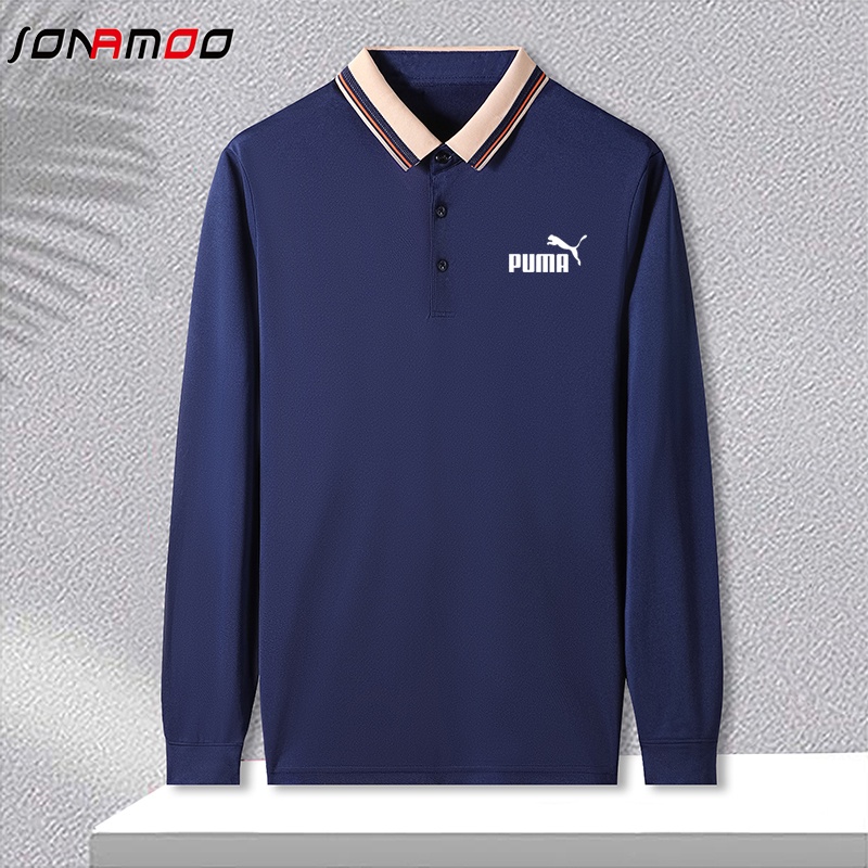 Phong cách mới áo thun nam dài tay thông thường thoáng khí in t-shirt kinh doanh sọc thời trang hàng đầu áo sơ mi ve áo