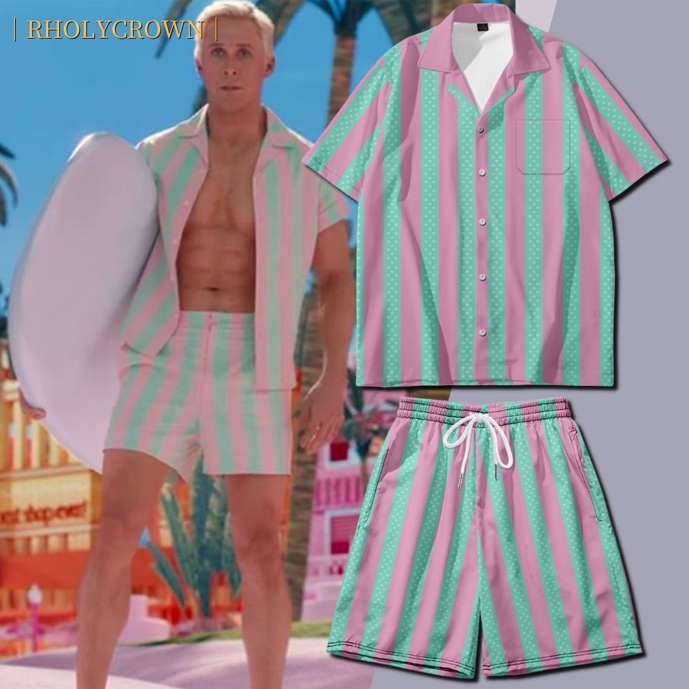 I am kenough ken ryan gosling barbie cosplay cho nam giới áo sơ mi hawaii quần ngắn barbie movie ken's beach wear set trang phục dành cho người lớn