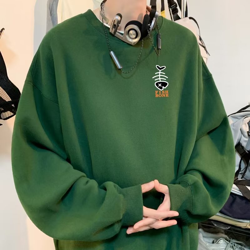 Áo sweater Nam Tay Dài Dáng Rộng Cổ Tròn In Hình Xương Cá Phong Cách Hàn Quốc Thời Trang Mùa Thu
