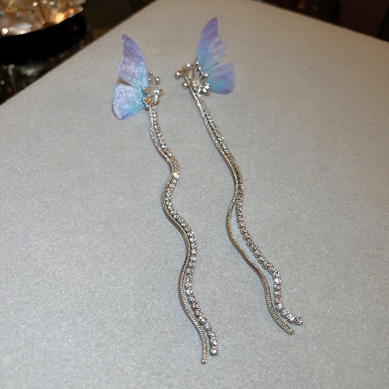 Bông Tai Dạng Tua Rua Không Xỏ Lỗ Hình Bướm Đính Kim Cương Giả Tươi Tắn Nhỏ Nhắn