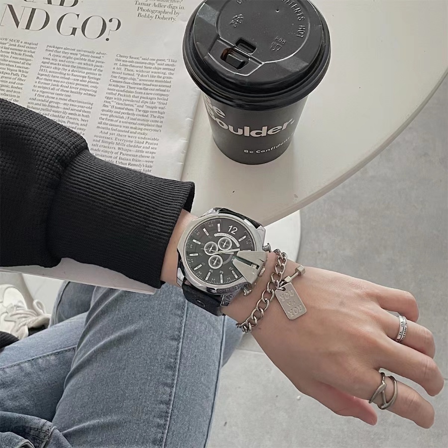 Đồng Hồ Đeo Tay Mặt Tròn Dây Da PU Kiểu Hip-Hop Hàn Quốc Cá Tính Cho Nam