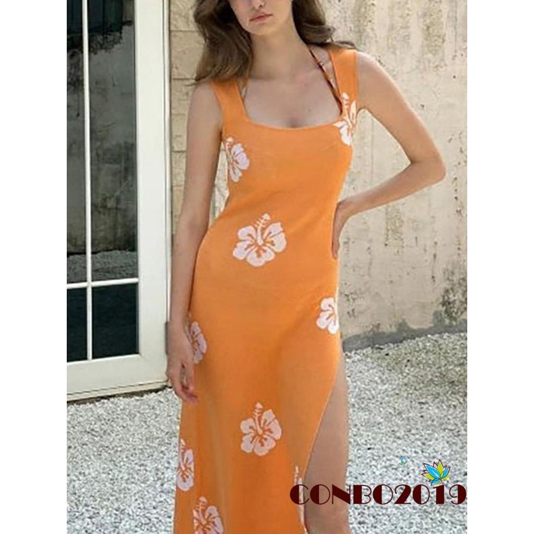 Đầm Dệt Kim Sát Nách Cổ Vuông Hở Lưng Xẻ Tà Họa Tiết Hoa Thời Trang Mùa Hè Cho Nữ