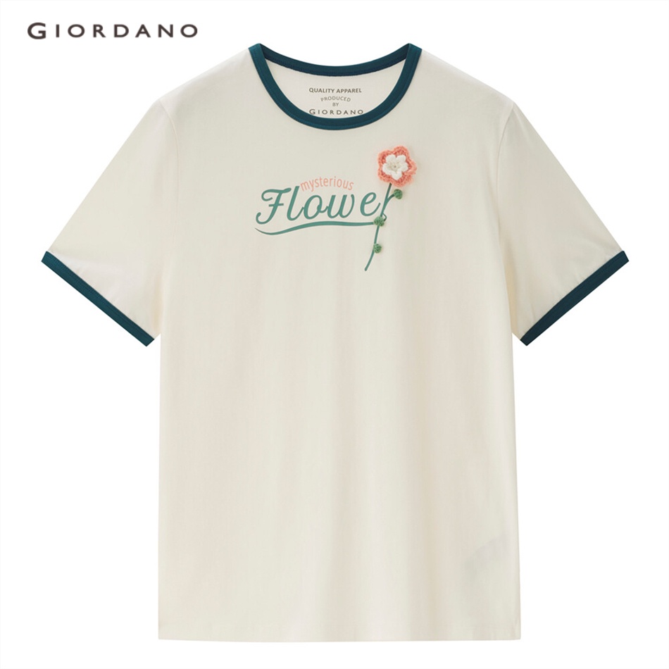 GIORDANO WOMEN Flower crochet contrast color cotton tee 05323434