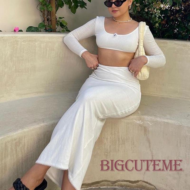 Set Đồ 2 Món Gồm Áo Dệt Kim Cổ Chữ U Tay Dài Màu Sắc Trơn Phối Chân Váy Dài Lưng Cao Thời Trang Hè Thu Cho Nữ