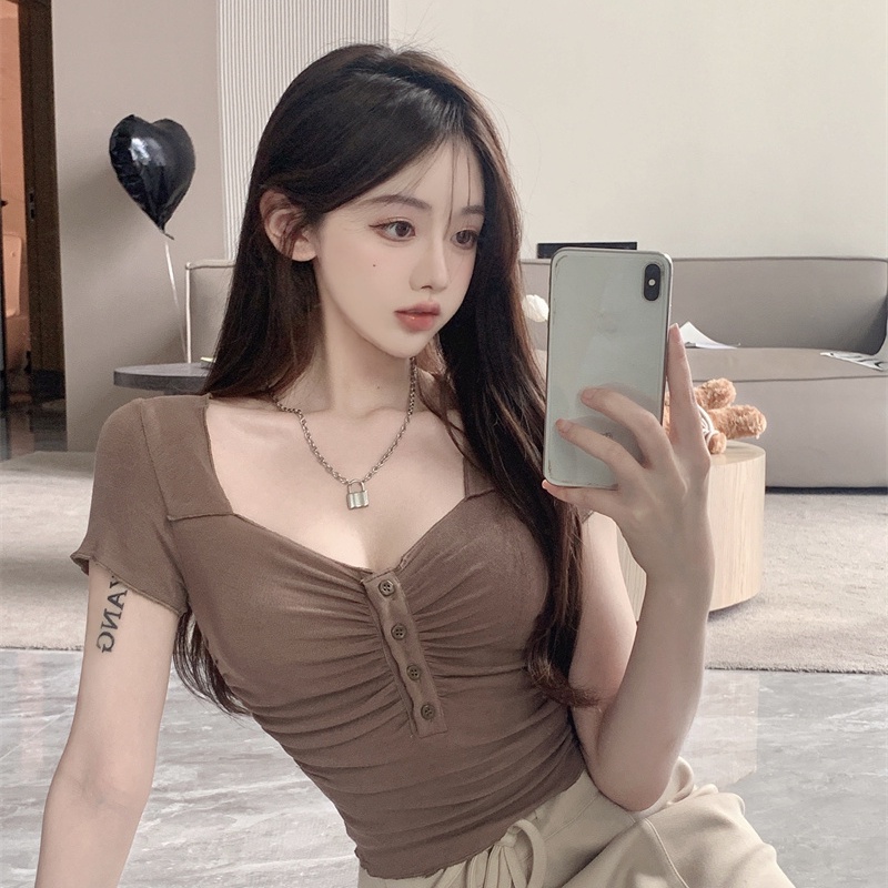 COZOKC Áo Thun Ngắn Tay Màu Trơn Dáng Ôm Thời Trang