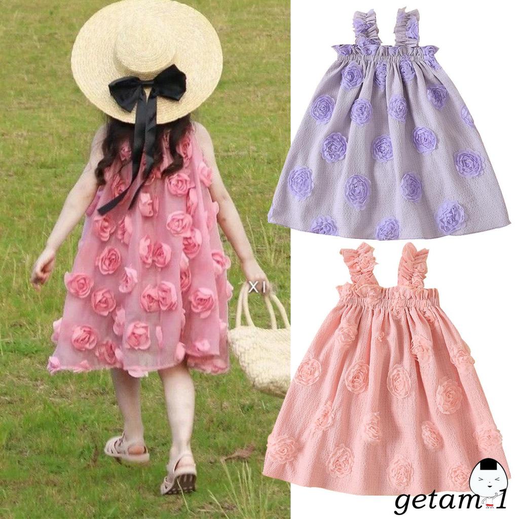 Đầm Sát Nách Cổ Vuông In Họa Tiết Hoa 3D Thời Trang Mùa Hè Cho Bé Gái