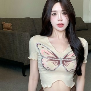 Áo Croptop Tay Ngắn Cổ Chữ V In Họa Tiết Bướm Phong Cách Hàn Quốc Thời Trang Cho Nữ