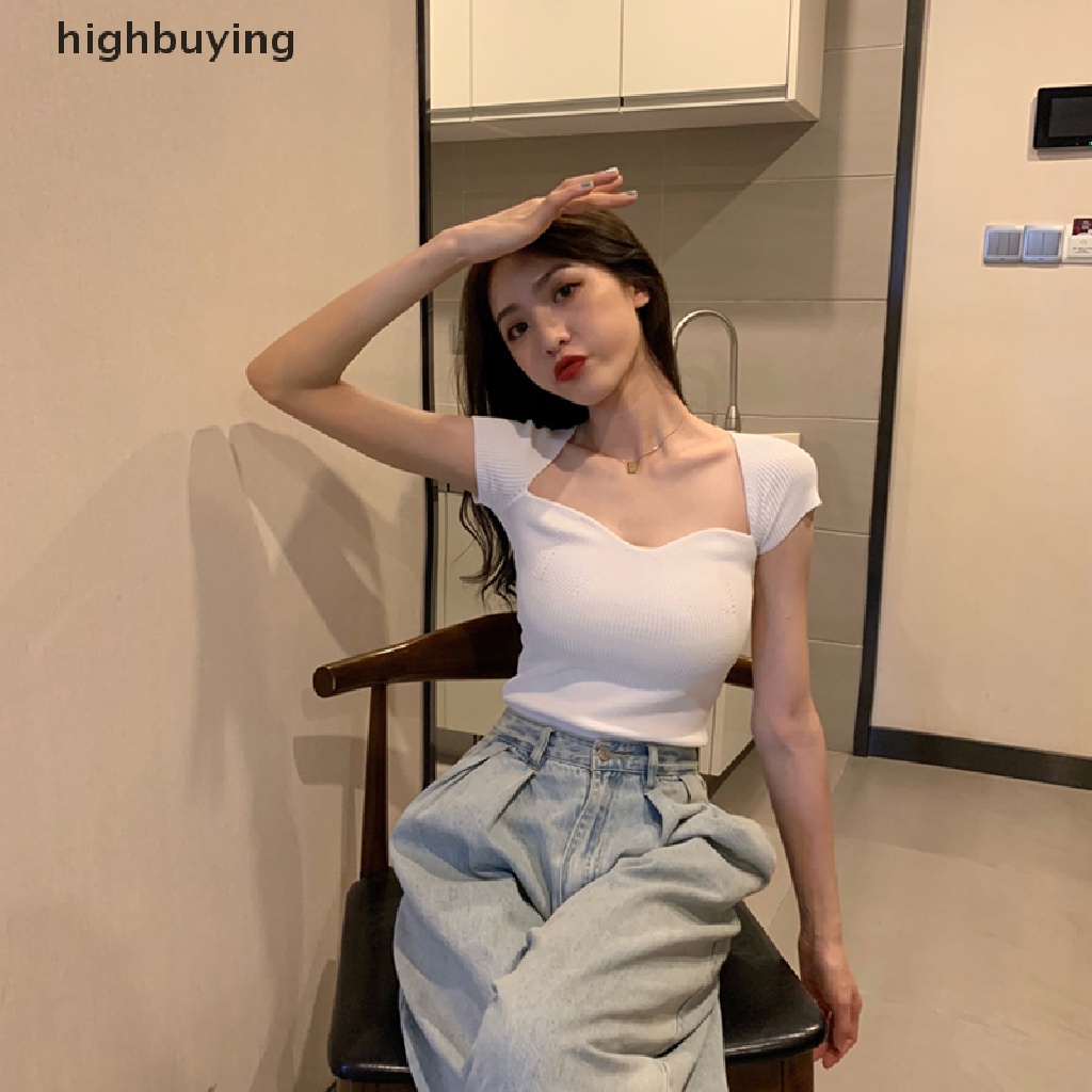 Áo Thun Dệt Kim Tay Ngắn Cổ Vuông Màu Sắc Đơn Giản Cho Nữ